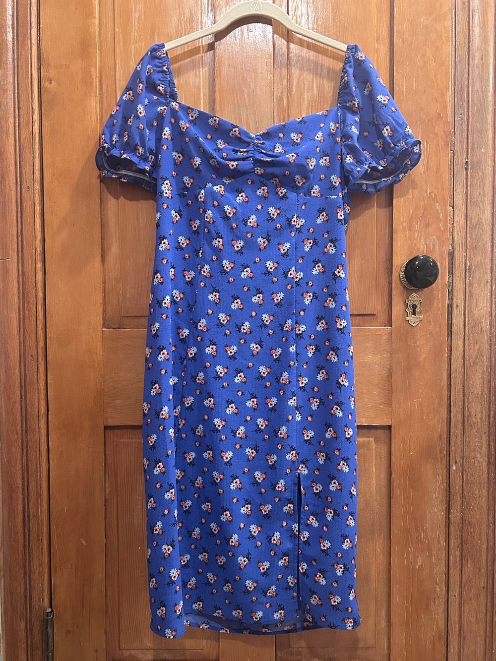 City Triangles Royal Blue Floral Puff-Sleeve Midi Dress Size Medium